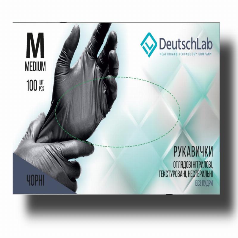 Рукавички нітрилові, нестерильні, без пудри, розмір М, чорні, "DeutschLab"